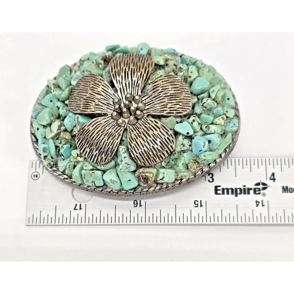 Vintage Ivan Faux Turquoise Chip Stone Floral Sunflower Western Belt‎ Buckle